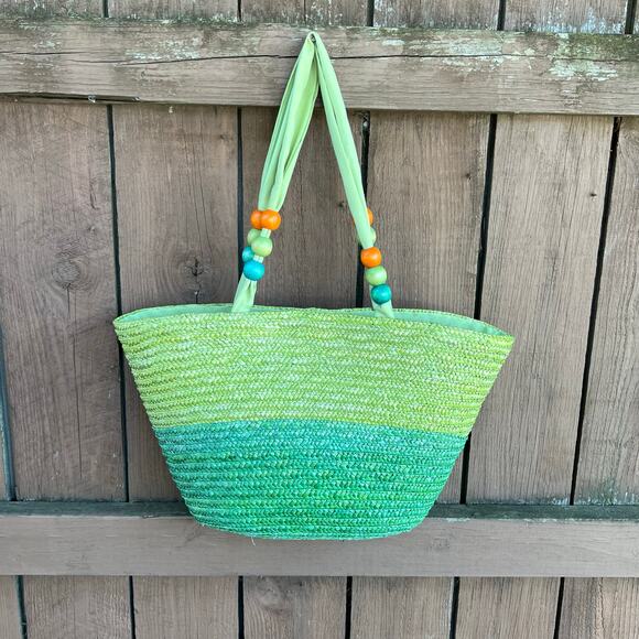 Green Ombre Woven Straw Beach Tote Bag with Beaded Handles Summer - Picture 8 of 8